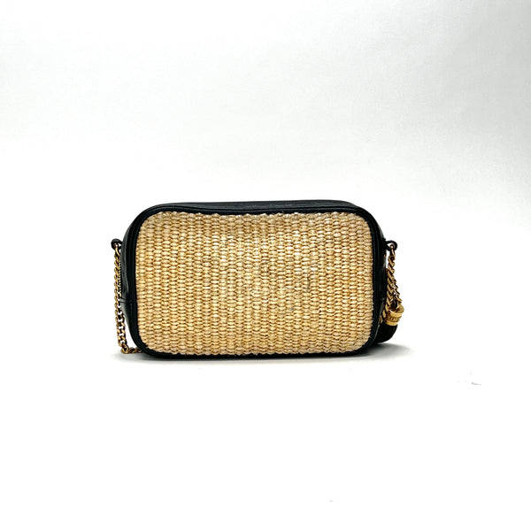 Lou Camera Mini Crossbody bag in Raffia, Gold Hardware