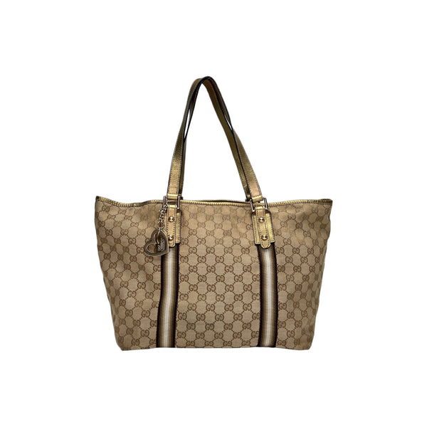 GG Sherry Line Heart Charm Medium Tote bag in Canvas, Gold Hardware