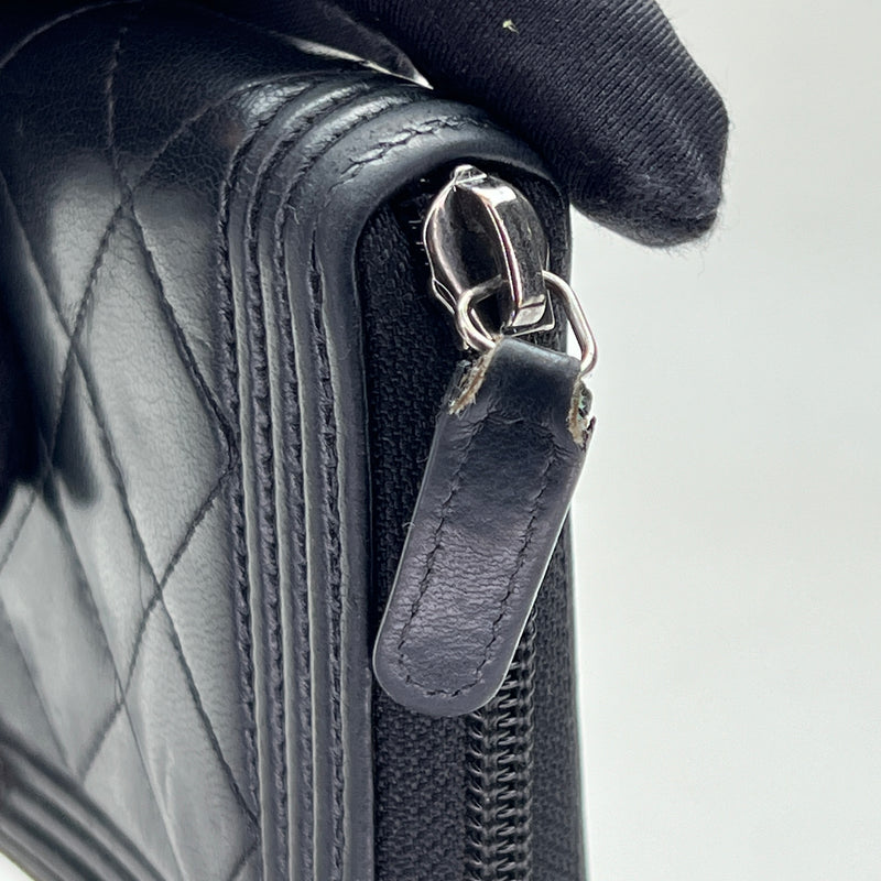 Quilted Boy Long Zip Around Wallet in Lambskin, Ruthenium Hardware