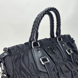 Gaufre Satchel Black Top Handle Bag in Nylon, Silver hardware