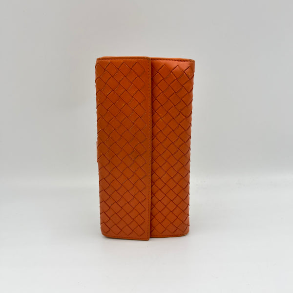 Long Orange Wallet in Intrecciato Leather, Silver hardware