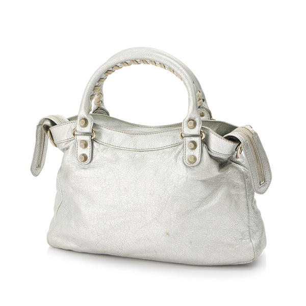 Town Top Handle Bag in Distressed Leather, Silver Hardware
