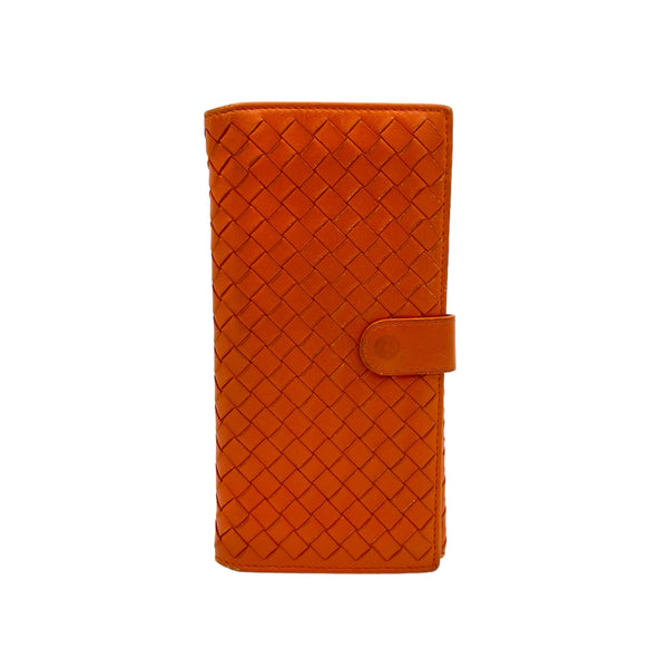 Long Orange Wallet in Intrecciato Leather, Silver hardware