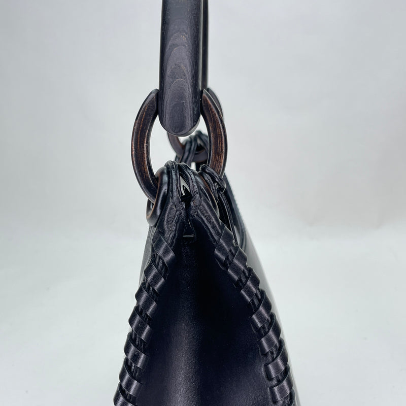 Whipstitch Wooden Handle Hobo Shoulder bag in Calfskin, Lacquered Metal Hardware