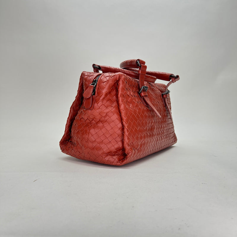 Boston Top handle bag in Intrecciato leather, Ruthenium Hardware