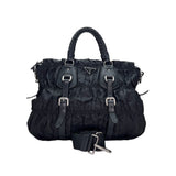 Gaufre Satchel Black Top Handle Bag in Nylon, Silver hardware