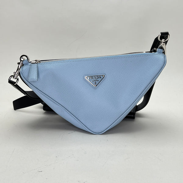 Double Triangle Logo Shoulder bag in Saffiano leather, Silver Hardware