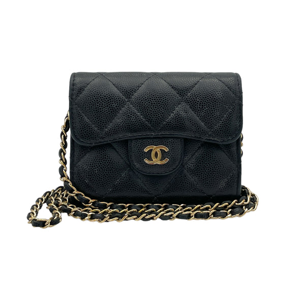 MATELASSE QUILTED Wallet on chain in Caviar leather, Gold Hardware