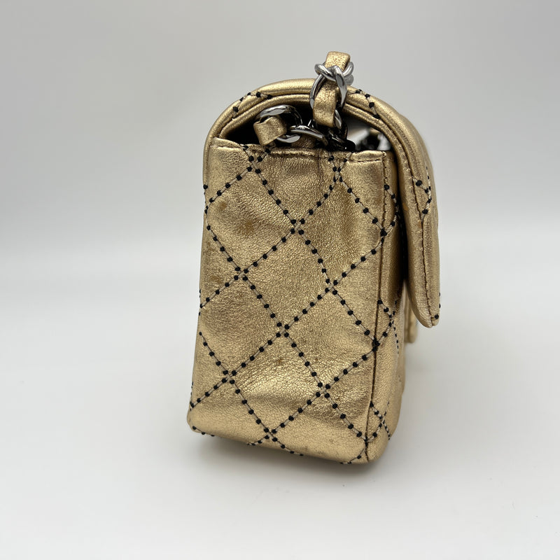 Metallic Side Stitch Classic Flap Mini Crossbody bag in Lambskin, Silver Hardware
