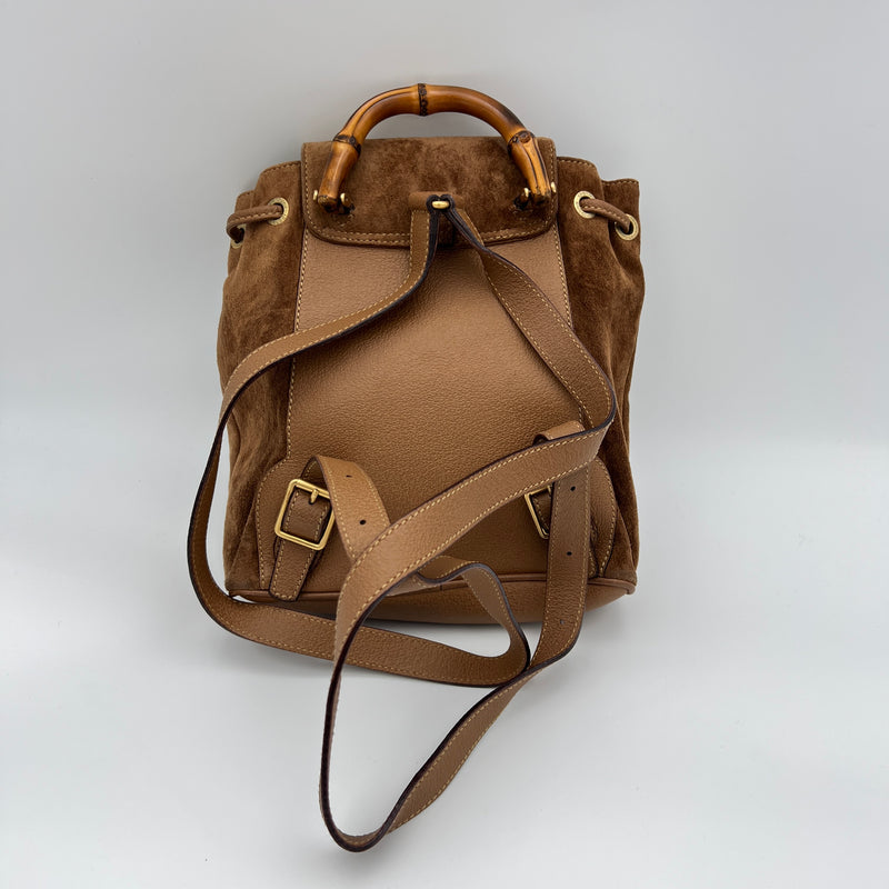 Bamboo Mini Backpack in Suede leather, Gold Hardware