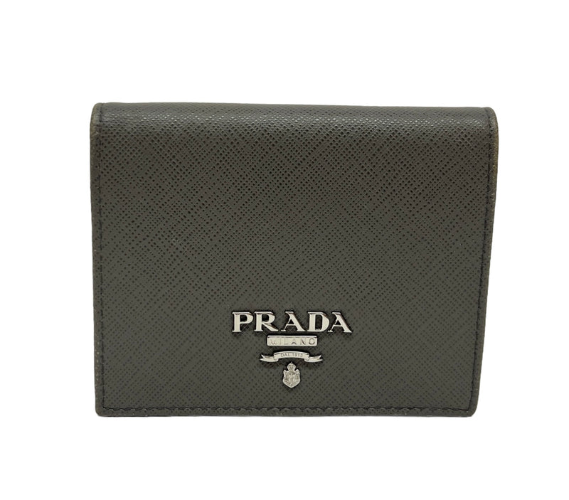 Logo Bi-Fold Compact Wallet in Saffiano leather, Silver Hardware