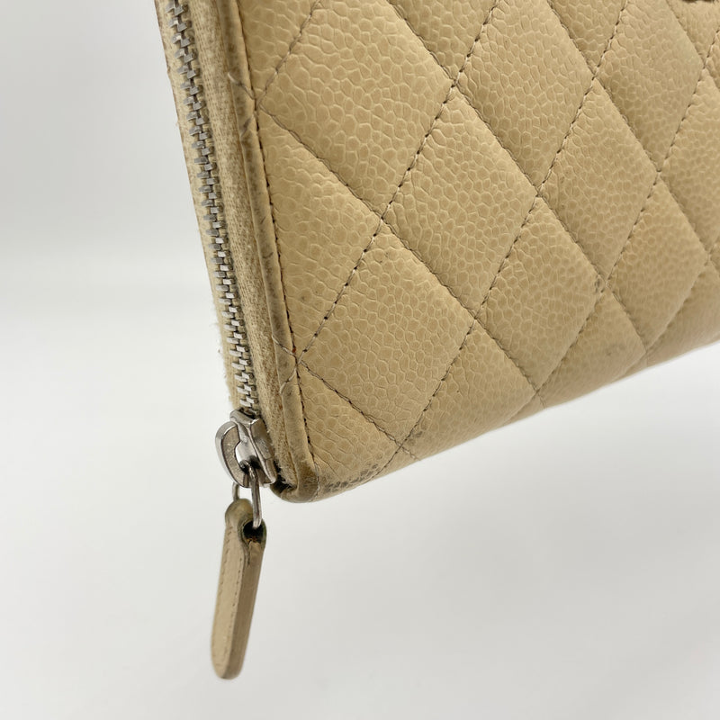 Classic Long Zip Beige Wallet in Caviar Leather, Silver hardware