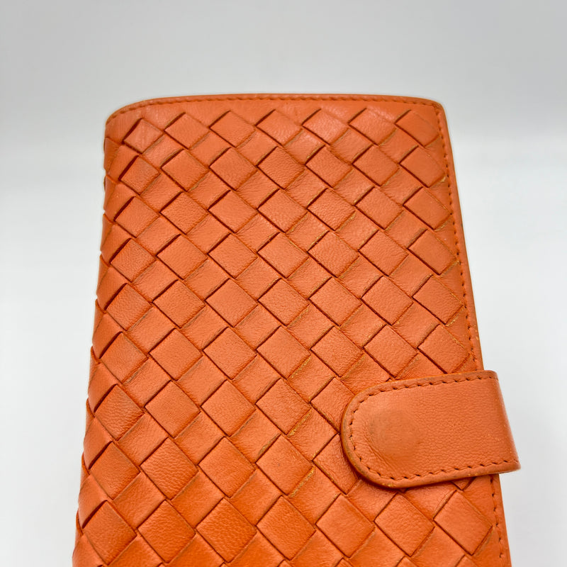 Long Orange Wallet in Intrecciato Leather, Silver hardware