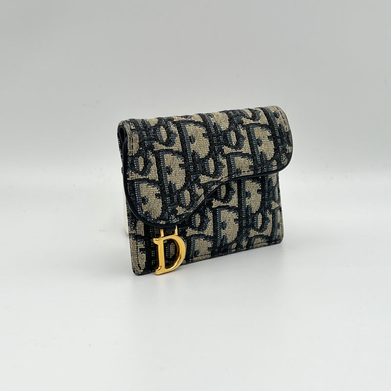 Saddle Navy Wallet in Jacquard, Gold hardware