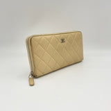 Classic Long Zip Beige Wallet in Caviar Leather, Silver hardware