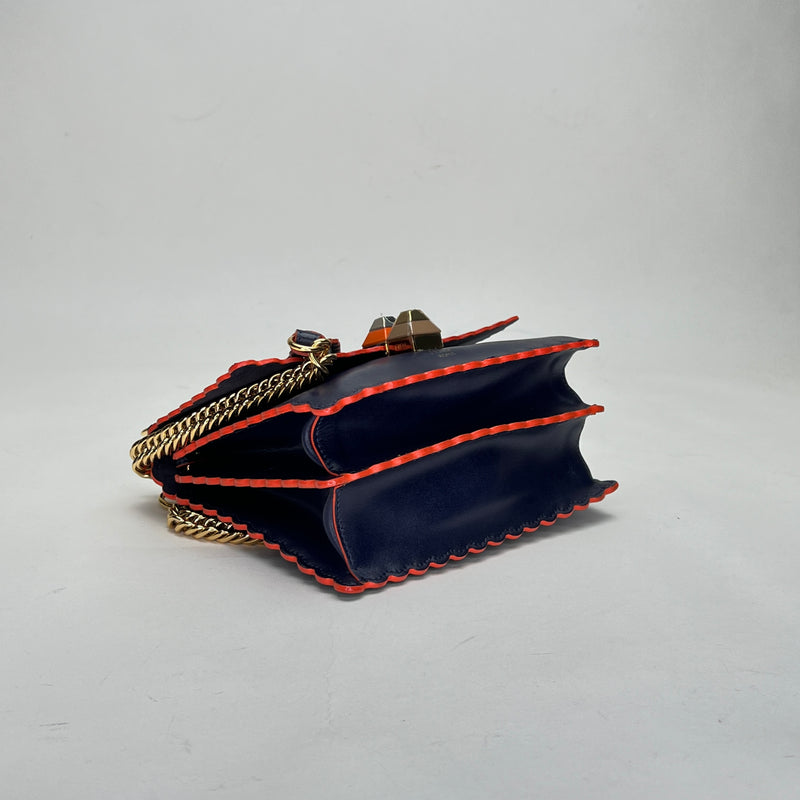 Kan I Small Navy Shoulder Bag in Calfskin, Gold hardware