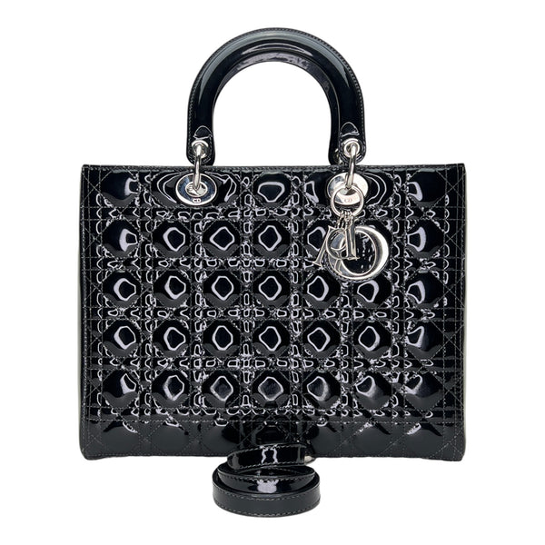 Lady Dior Large Top handle bag in Patent leather, Silver Hardware