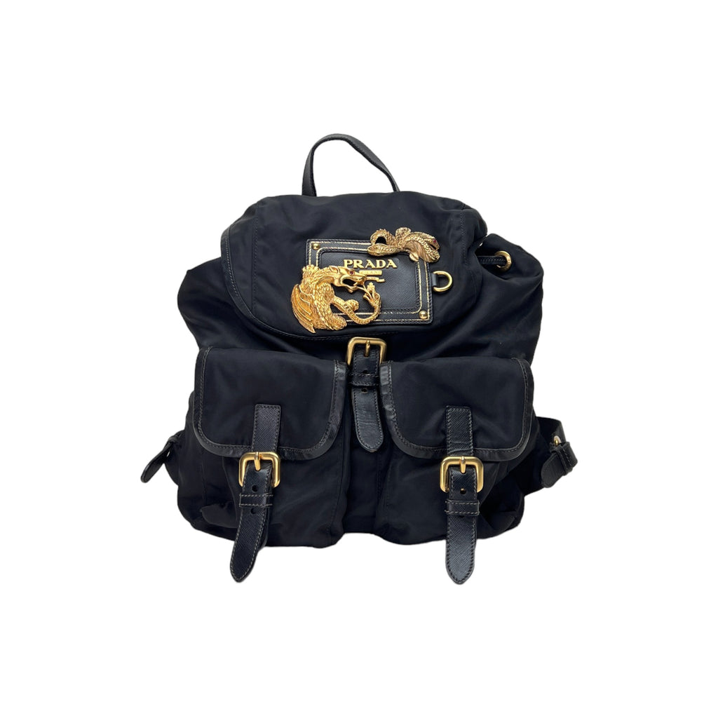 Dragon Embellished Backpack in Nylon, Gold Hardware