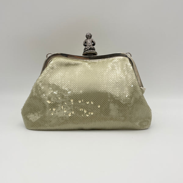 Monkey Closure  Clutch in Sequins, Silver Hardware