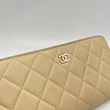 Classic Long Zip Beige Wallet in Caviar Leather, Silver hardware