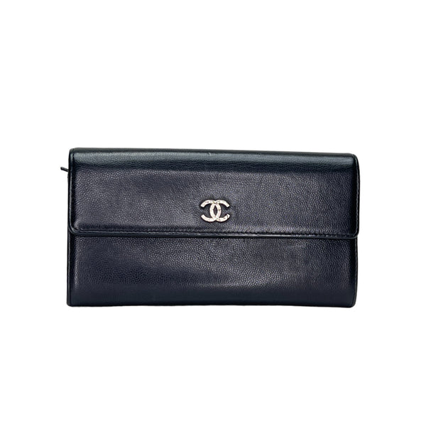 Classic Long Wallet in Caviar leather, Silver Hardware