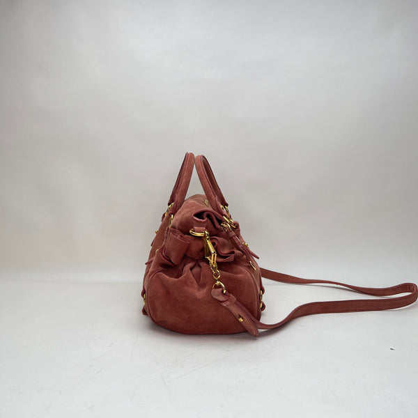 Lux Bow Medium Top handle bag in Suede leather, Gold Hardware