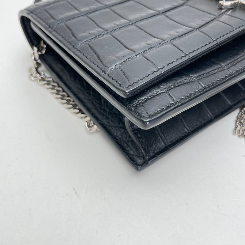Kate Tassel Small Wallet on chain in Crocodile Embossed Calfskin, Silver Hardware