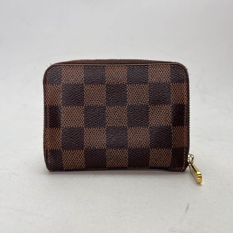 Damier Ebene Zip Brown Wallet in Coated Canvas, Gold hardware