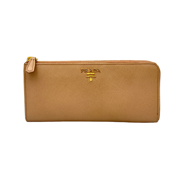 Logo Long Beige Wallet in Saffiano Leather, Gold hardware