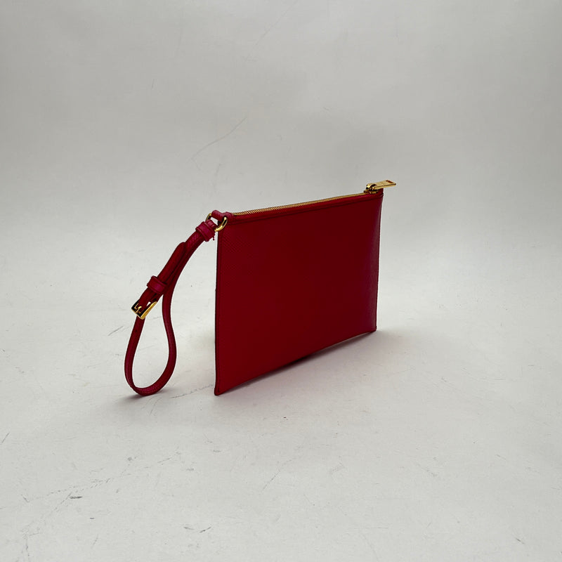 Logo Pouch Clutch in Saffiano leather, Gold Hardware