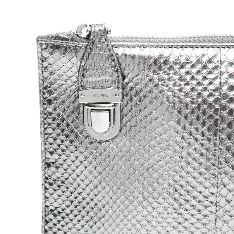 Faux Clutch in Python Embossed Calfskin, Silver Hardware