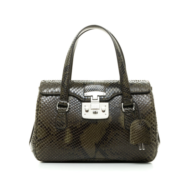 Lady Lock Satchel Top handle bag in Python leather, Silver Hardware