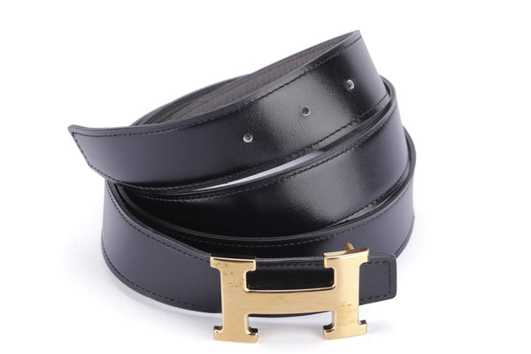 Gold H Buckle Belt, Length 120cm, Black & Etain Color, with Dust Cover & Box